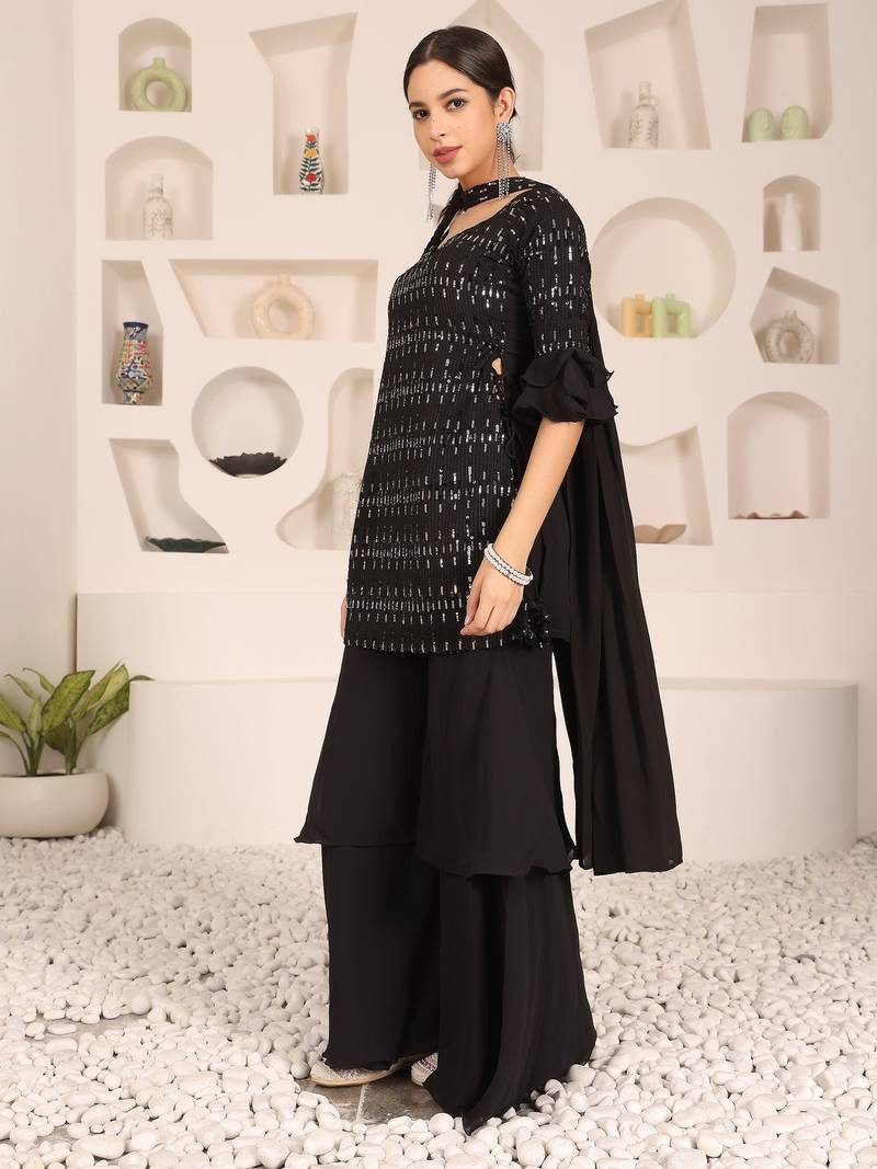 Ethnovog Ready To Wear Black Georgette Embroidered Straight suit