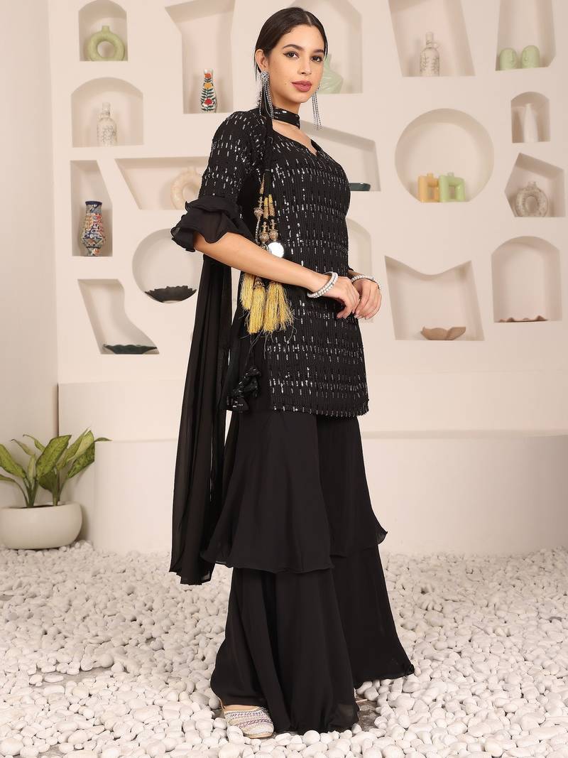 Ethnovog Ready To Wear Black Georgette Embroidered Straight suit