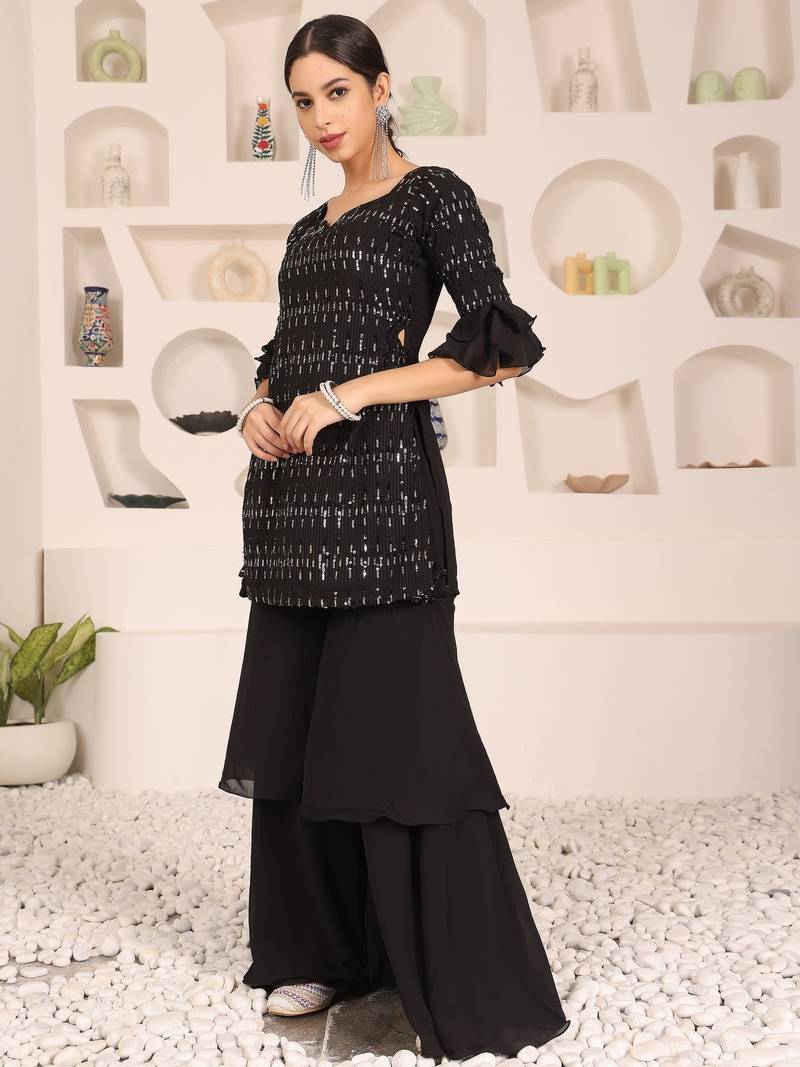 Ethnovog Ready To Wear Black Georgette Embroidered Straight suit