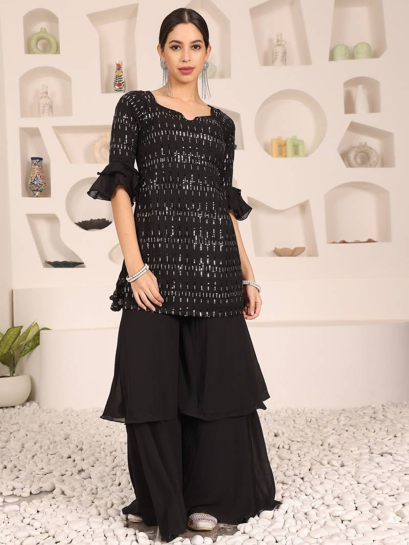Ethnovog Ready To Wear Black Georgette Embroidered Straight suit