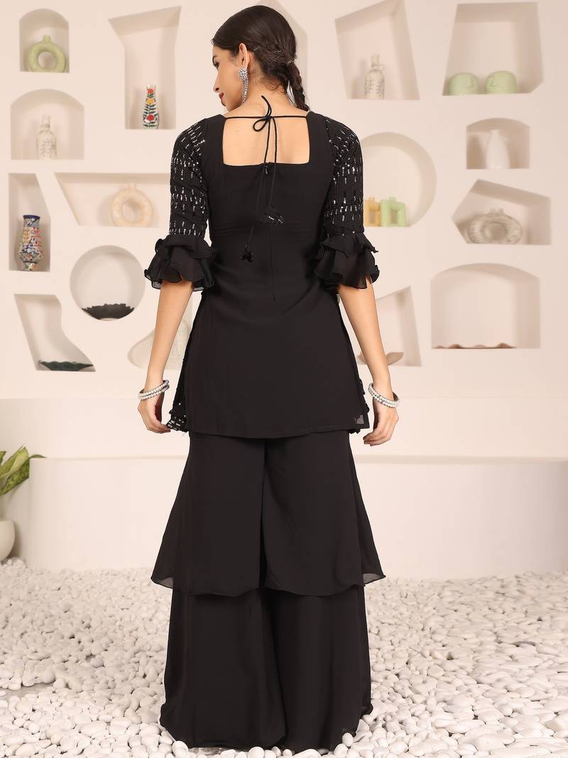 Ethnovog Ready To Wear Black Georgette Embroidered Straight suit