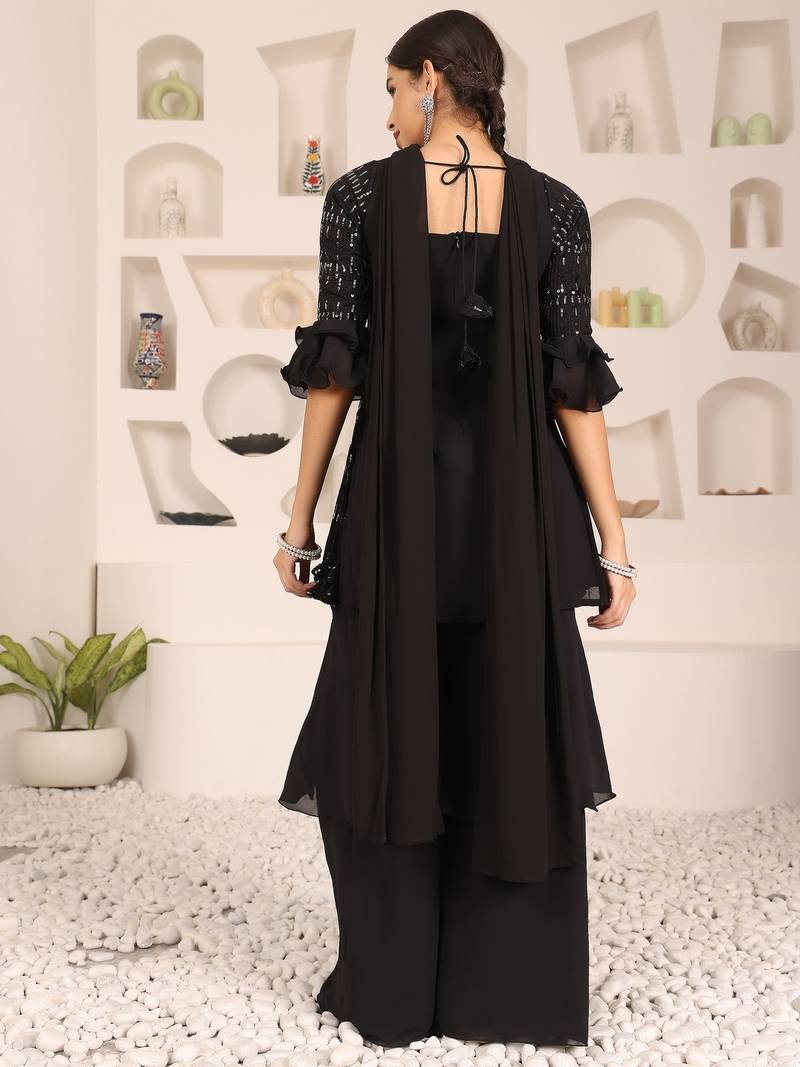 Ethnovog Ready To Wear Black Georgette Embroidered Straight suit