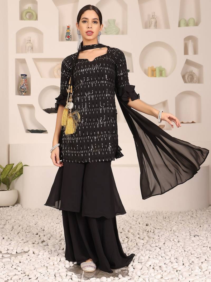 Ethnovog Ready To Wear Black Georgette Embroidered Straight suit