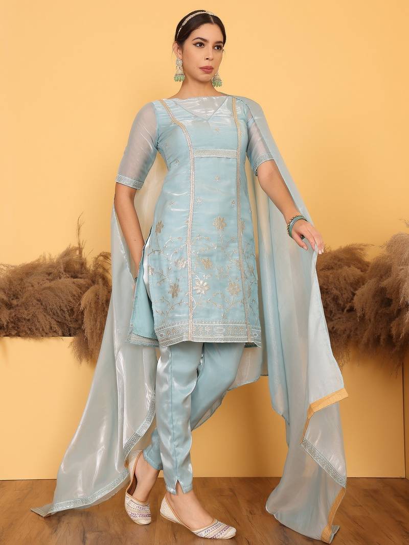 Ethnovog Ready To Wear Blue Tissue Embroidered Salwar Set