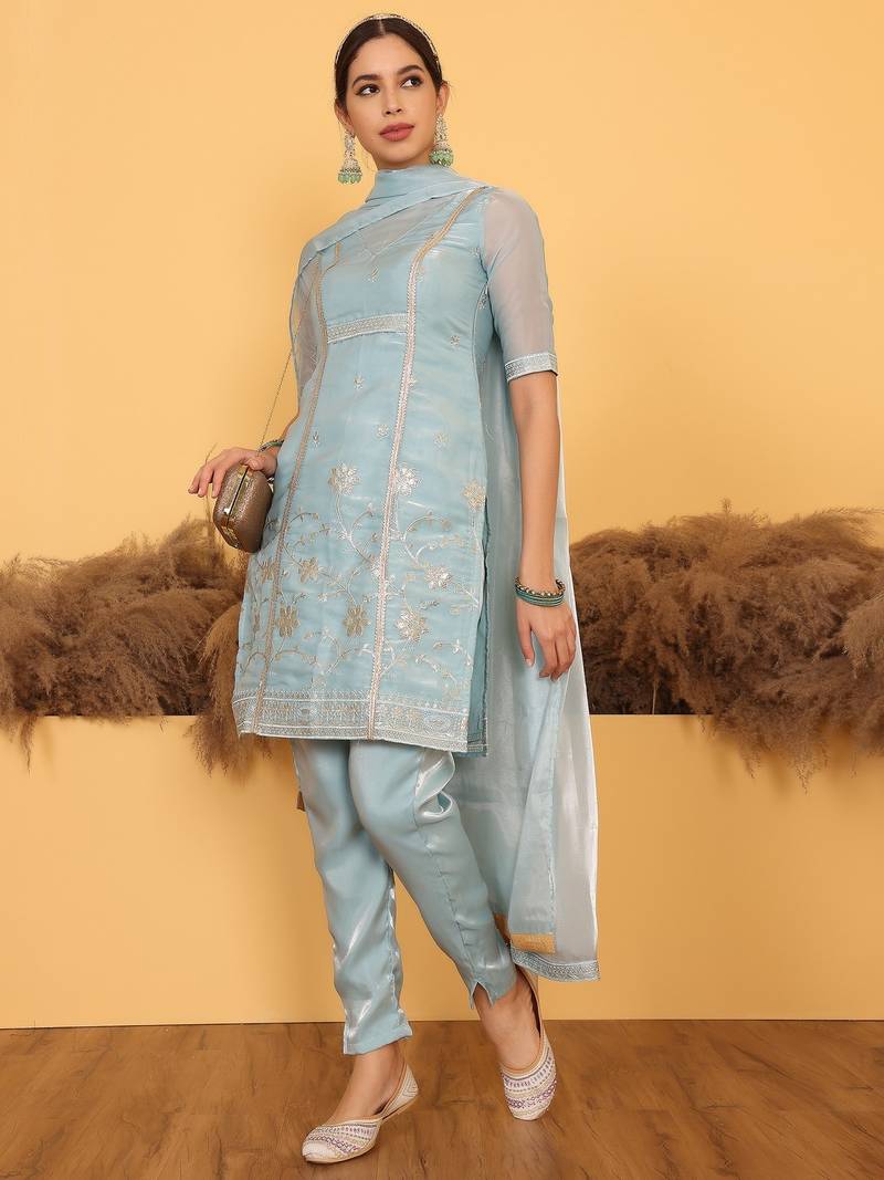 Ethnovog Ready To Wear Blue Tissue Embroidered Salwar Set