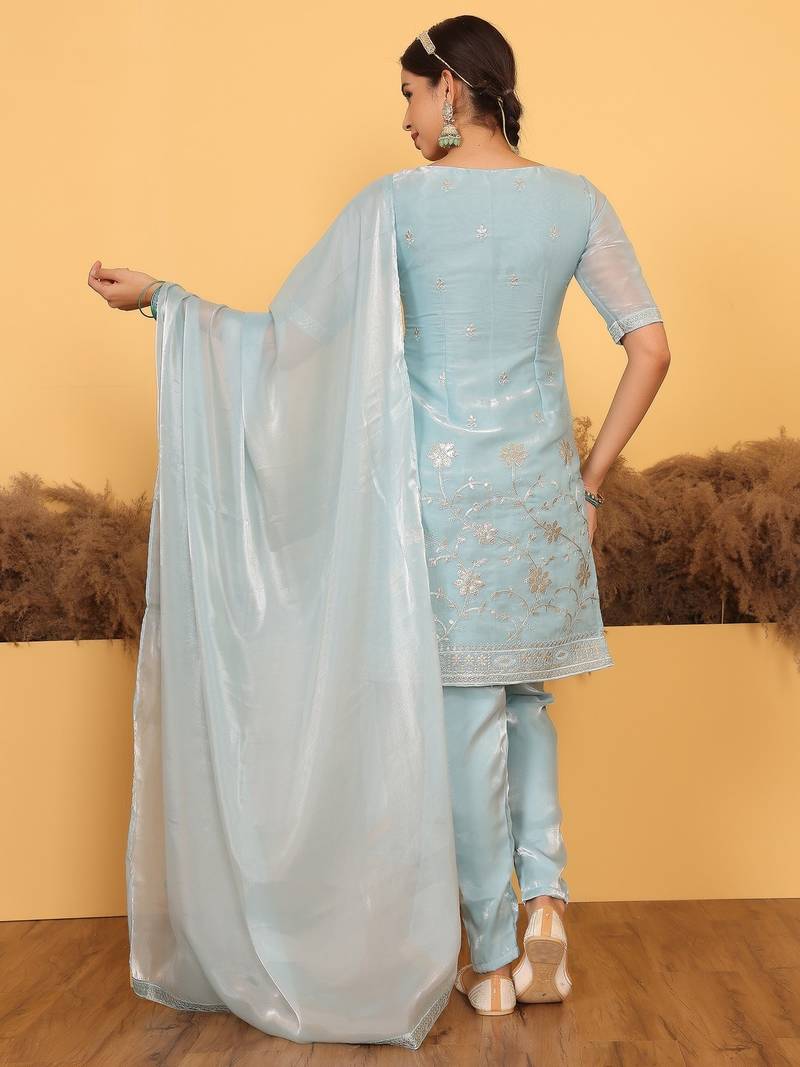 Ethnovog Ready To Wear Blue Tissue Embroidered Salwar Set