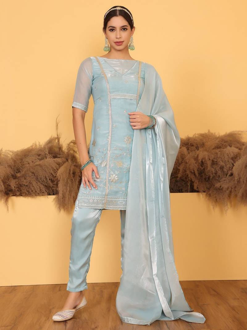 Ethnovog Ready To Wear Blue Tissue Embroidered Salwar Set