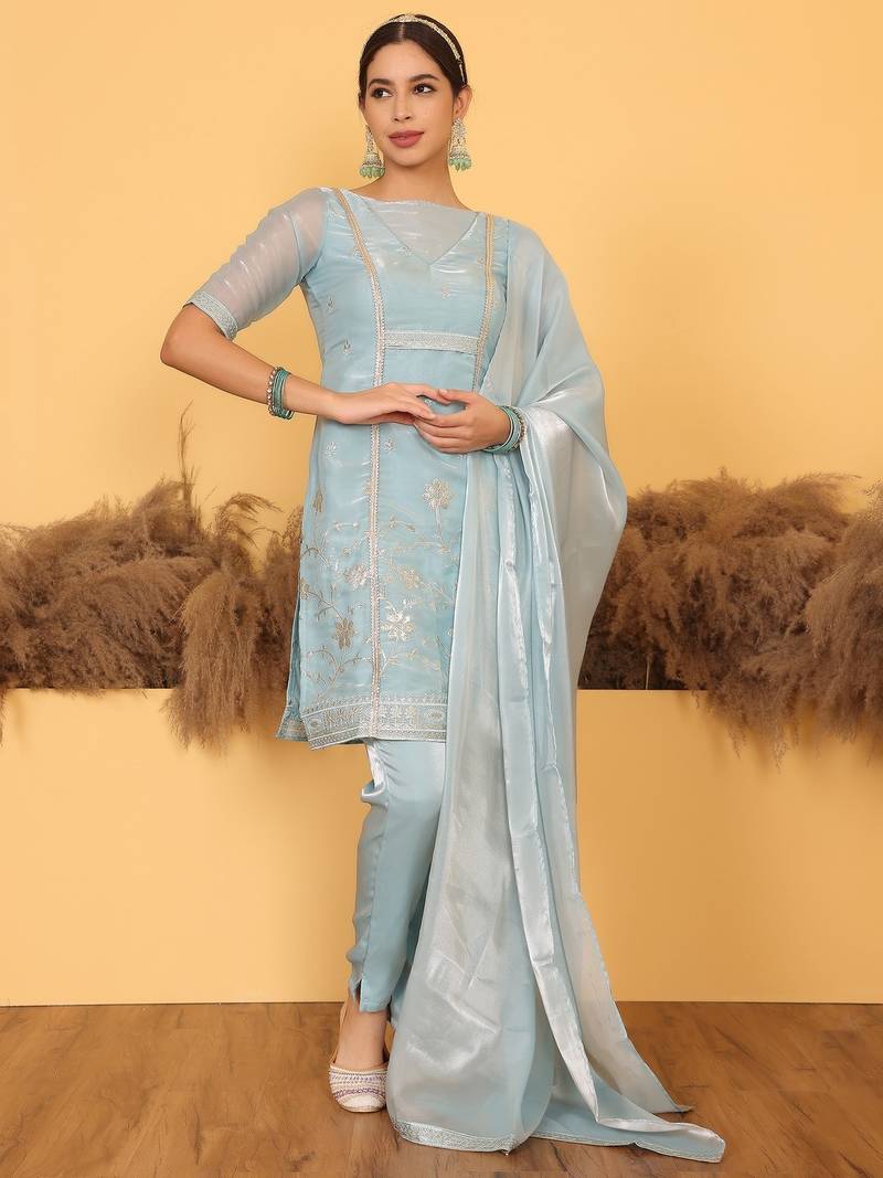 Ethnovog Ready To Wear Blue Tissue Embroidered Salwar Set