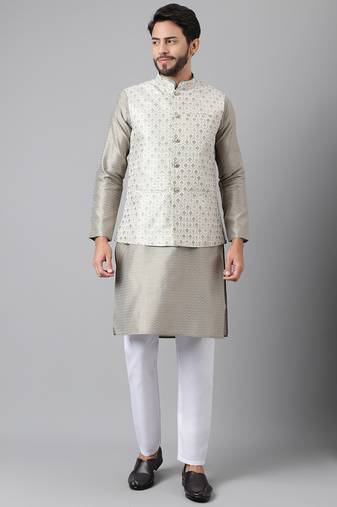 Mouse grey weaving work jacquard silk kurta koti set with pyjama