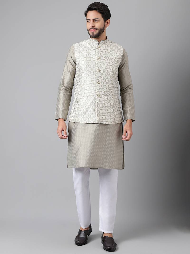 Mouse grey weaving work jacquard silk kurta koti set with pyjama