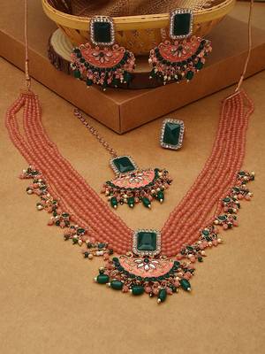 Peach & green multistrands bridal necklace earring maangtikka & ring set for women 1