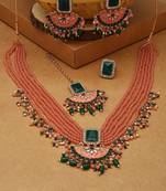 Peach & green multistrands bridal necklace earring maangtikka & ring set for women