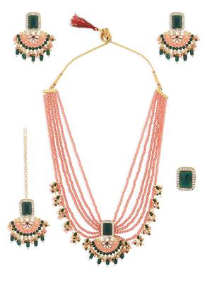 Peach & green multistrands bridal necklace earring maangtikka & ring set for women 2