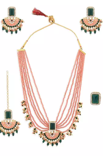 Peach & green multistrands bridal necklace earring maangtikka & ring set for women