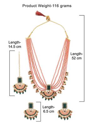 Peach & green multistrands bridal necklace earring maangtikka & ring set for women 3