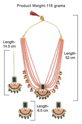 Peach & green multistrands bridal necklace earring maangtikka & ring set for women