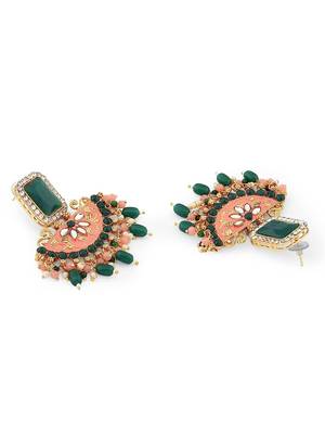 Peach & green multistrands bridal necklace earring maangtikka & ring set for women 4