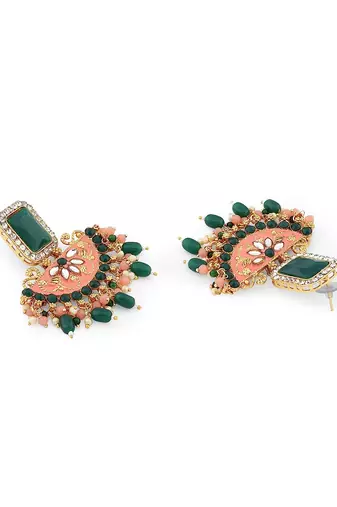 Peach & green multistrands bridal necklace earring maangtikka & ring set for women
