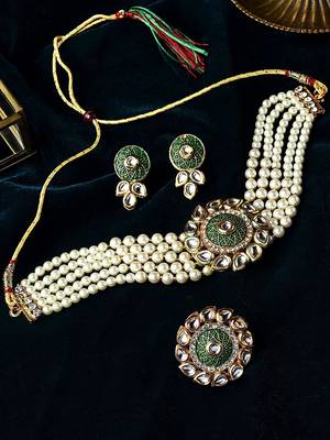 Green enamel multistrand kundan choker necklace earring & ring set for women 1