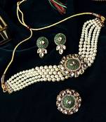 Green enamel multistrand kundan choker necklace earring & ring set for women
