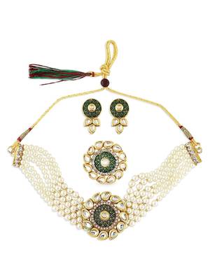 Green enamel multistrand kundan choker necklace earring & ring set for women 2