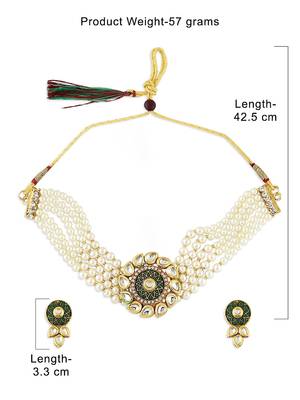 Green enamel multistrand kundan choker necklace earring & ring set for women 3