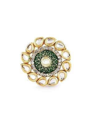 Green enamel multistrand kundan choker necklace earring & ring set for women 4