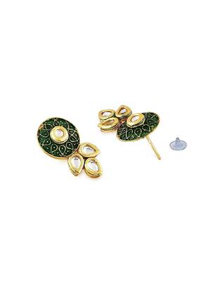 Green enamel multistrand kundan choker necklace earring & ring set for women 5
