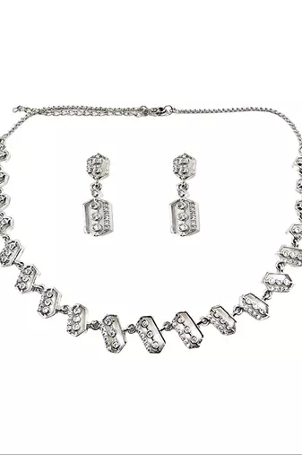 Silver-plated cz stone-studded brass jewellery set
