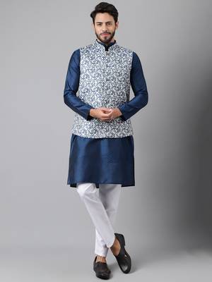 Blue weaving work jacquard silk kurta koti set with pyjama 1