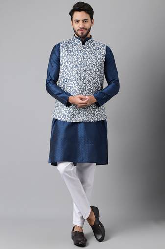 Blue weaving work jacquard silk kurta koti set with pyjama