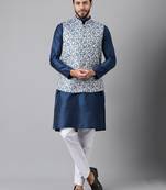 Blue weaving work jacquard silk kurta koti set with pyjama