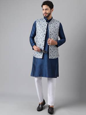 Blue weaving work jacquard silk kurta koti set with pyjama 3
