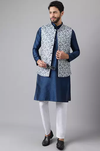 Blue weaving work jacquard silk kurta koti set with pyjama