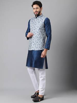 Blue weaving work jacquard silk kurta koti set with pyjama 4