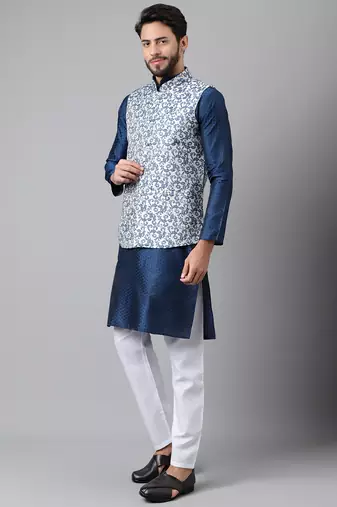 Blue weaving work jacquard silk kurta koti set with pyjama