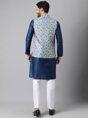 Blue weaving work jacquard silk kurta koti set with pyjama 5