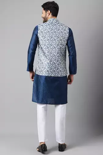 Blue weaving work jacquard silk kurta koti set with pyjama