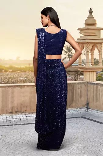 Trendmalls Navy blue Georgette Sequins Work Party Wear Saree With Blouse Piece