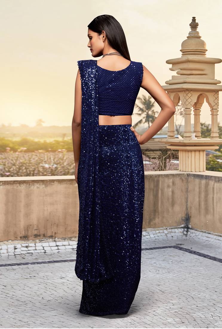 Navy blue Georgette Sequins Work Party Wear Saree With Blouse Piece