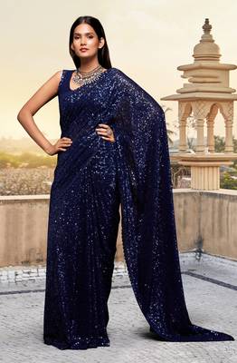 Navy blue Georgette Sequins Work Party Wear Saree With Blouse Piece 3