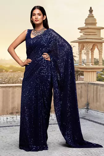 Trendmalls Navy blue Georgette Sequins Work Party Wear Saree With Blouse Piece