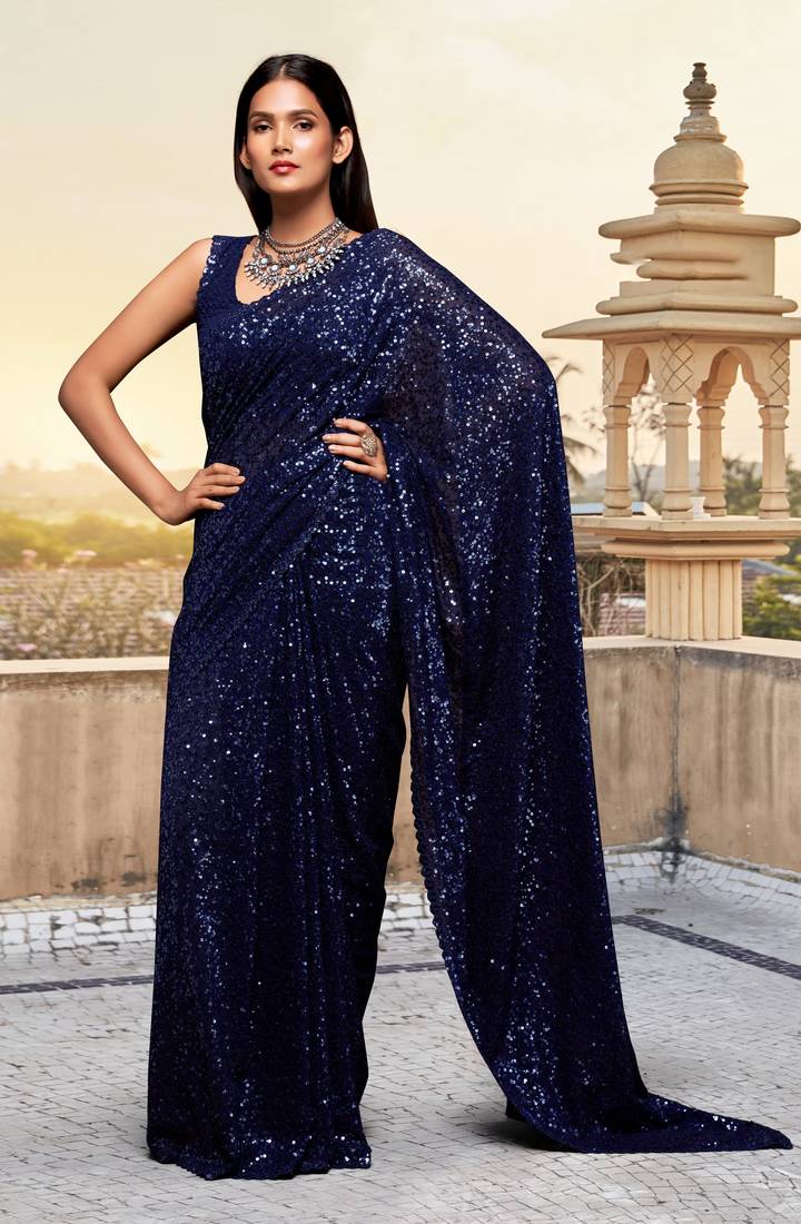 Navy blue Georgette Sequins Work Party Wear Saree With Blouse Piece