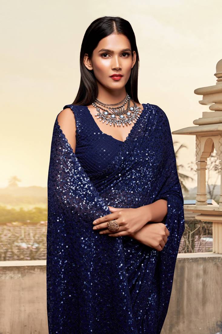 Navy blue Georgette Sequins Work Party Wear Saree With Blouse Piece