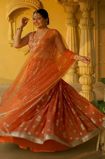 Rust Zest Jamewar Lehenga Set