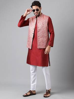 Red weaving work jacquard silk kurta koti set with pyjama 3