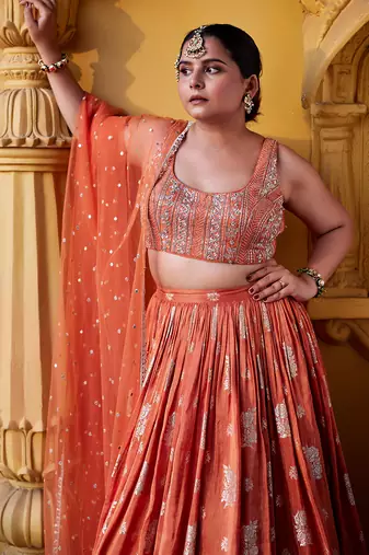 Rust Zest Jamewar Lehenga Set