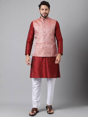 Red weaving work jacquard silk kurta koti set with pyjama 1