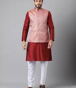 Red weaving work jacquard silk kurta koti set with pyjama