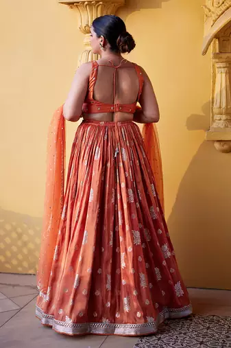 Rust Zest Jamewar Lehenga Set